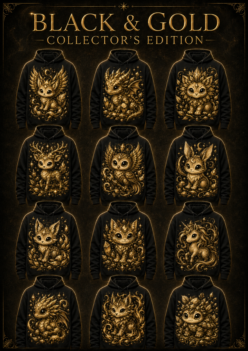 Black & Gold Collector’s Edition — 12 premium fantasy creature hoodies