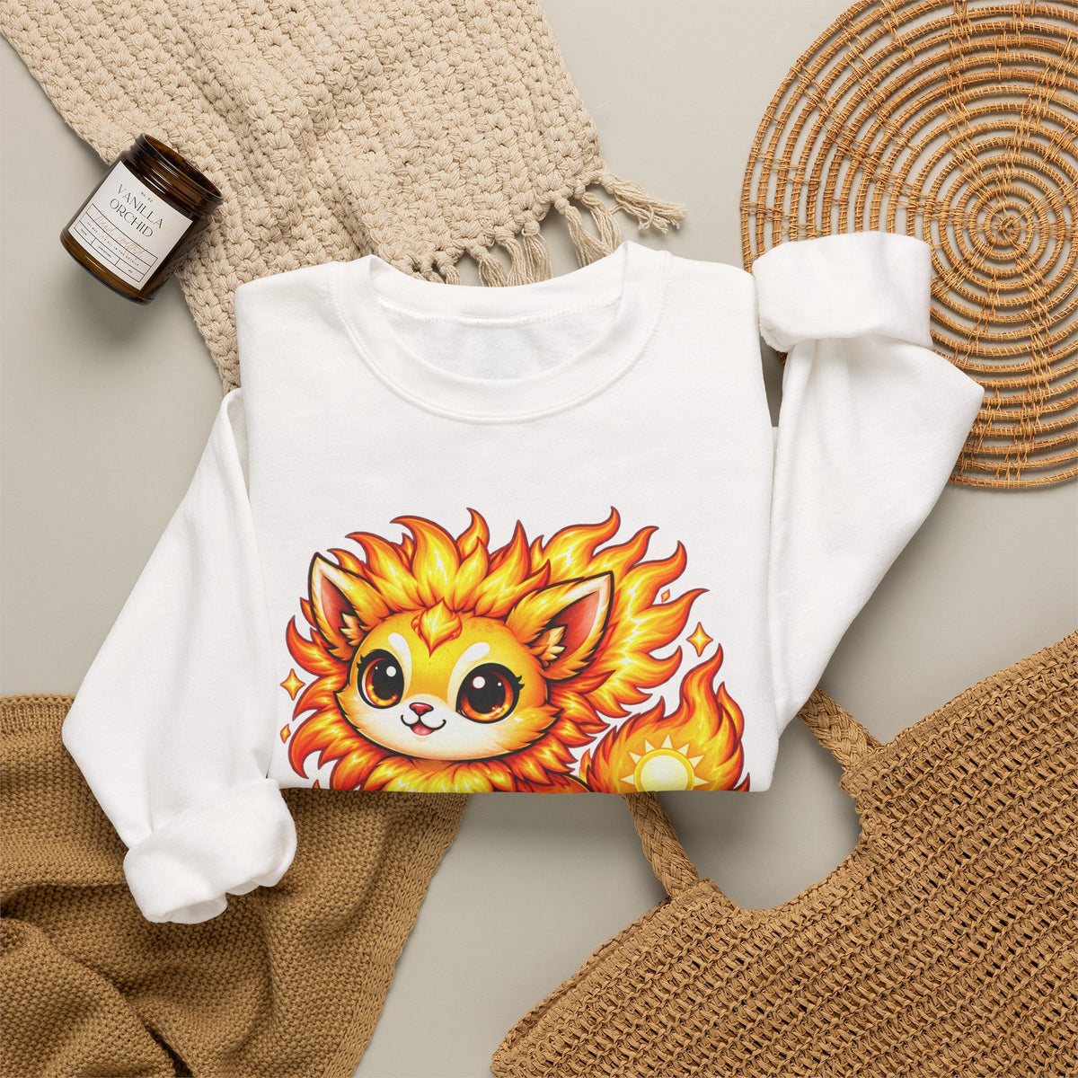 Sun Kitten Crewneck Sweatshirt — Cute 'Solari' Fire Cat Graphic