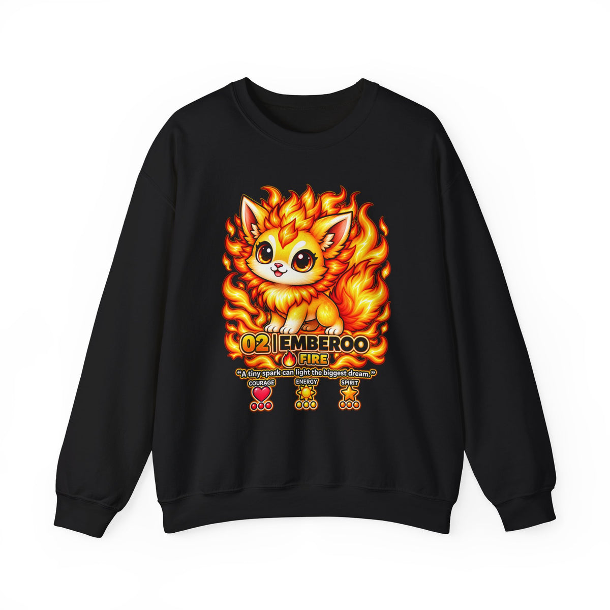 Fire Kitten Crewneck Sweatshirt — '02 Jemberoo' Cute Flaming Cat Graphic