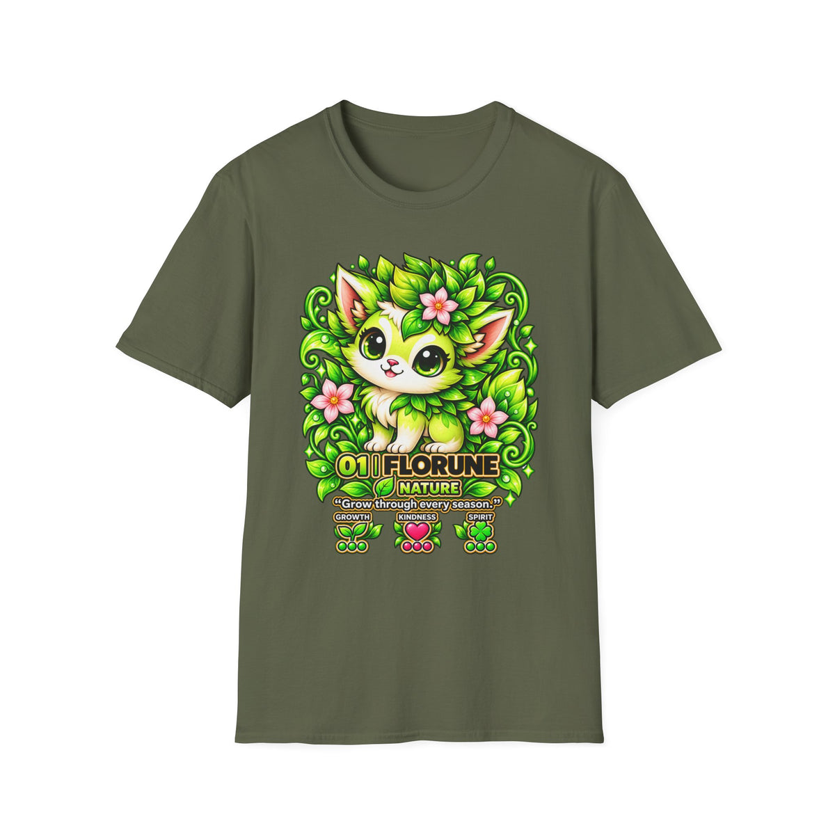 Green Floral Cat T-Shirt — Cute Nature Kitty Graphic Tee