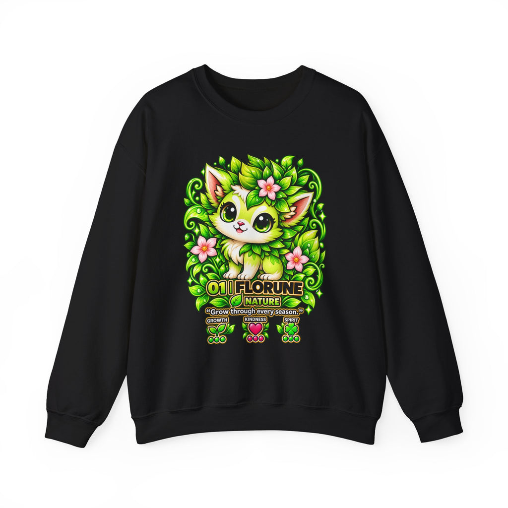 Floral Forest Kitty Sweatshirt — '01 Florune Nature' Cute Green Plant Cat Crewneck