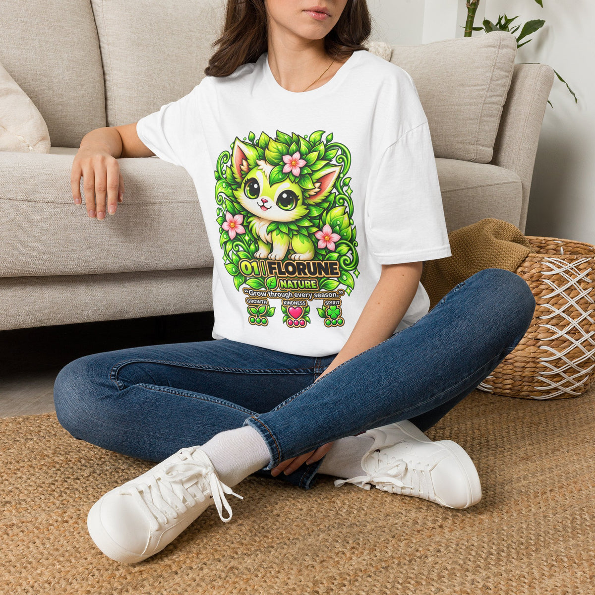 Green Floral Cat T-Shirt — Cute Nature Kitty Graphic Tee