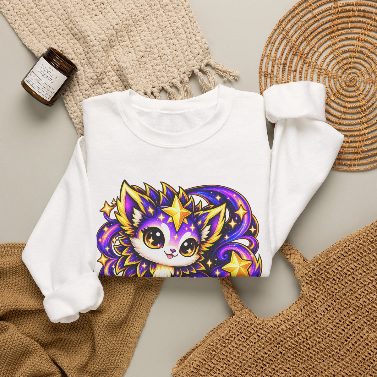 Starry Fox Crewneck Sweatshirt — Cute Cosmic Kawaii Graphic ("101 Stellux Star")
