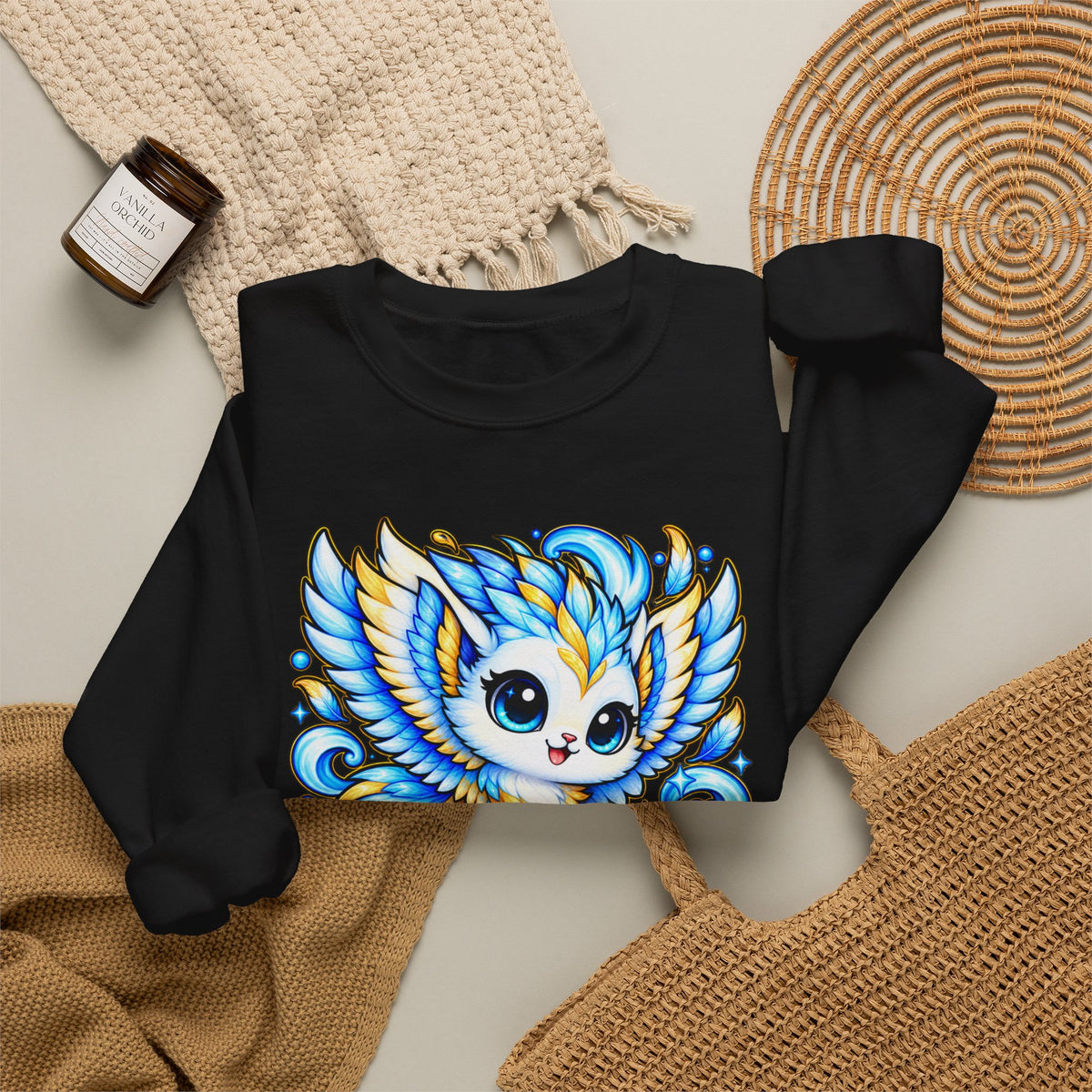 Zephyra the Wind Spirit Crewneck Sweatshirt — Cute Blue Chibi Owl Design