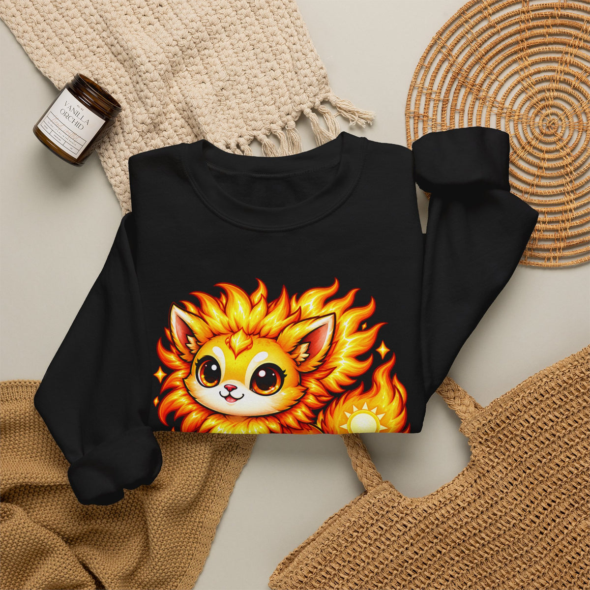 Sun Kitten Crewneck Sweatshirt — Cute 'Solari' Fire Cat Graphic