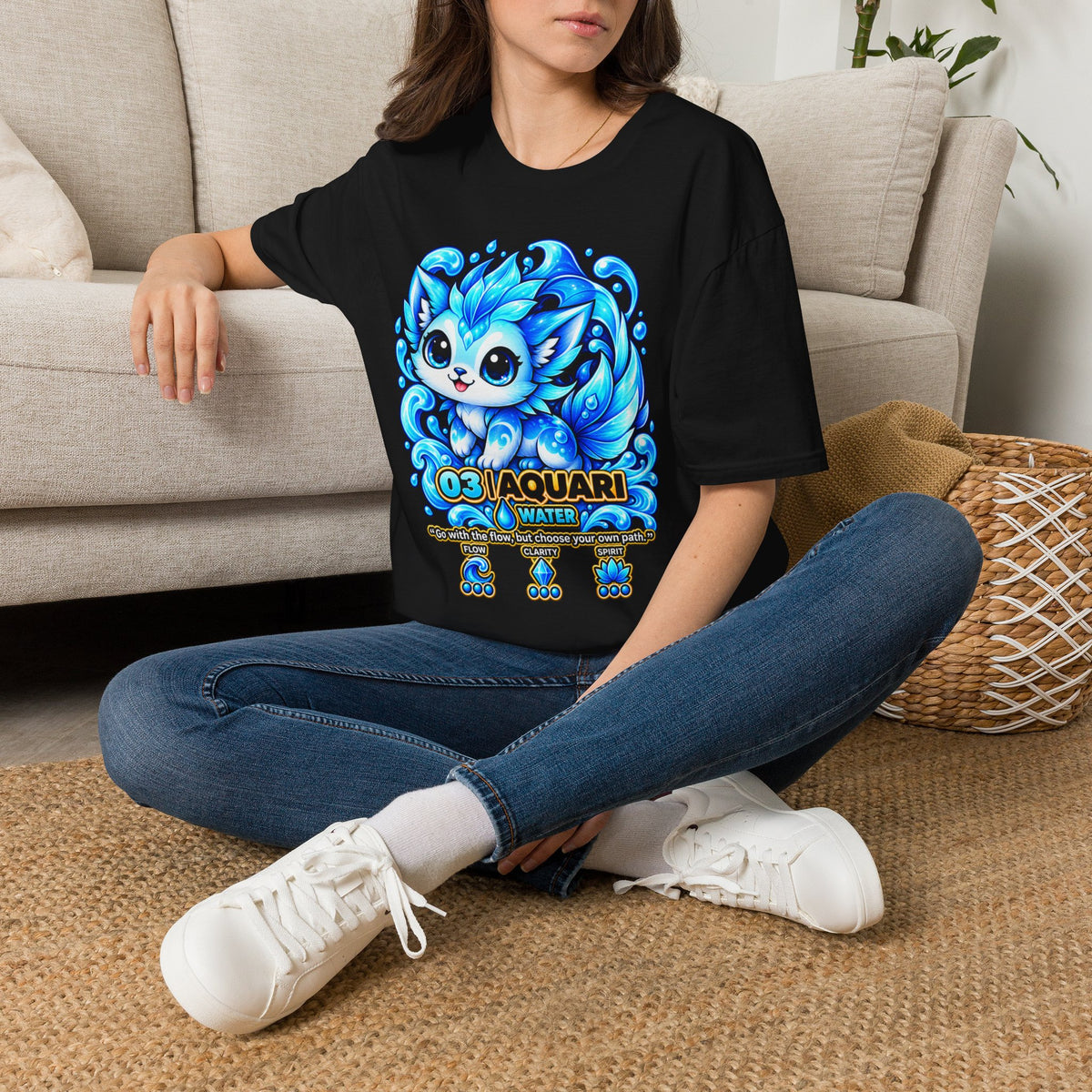 Aquarius Fox T-Shirt — Cute Blue Zodiac Kitty Graphic Tee