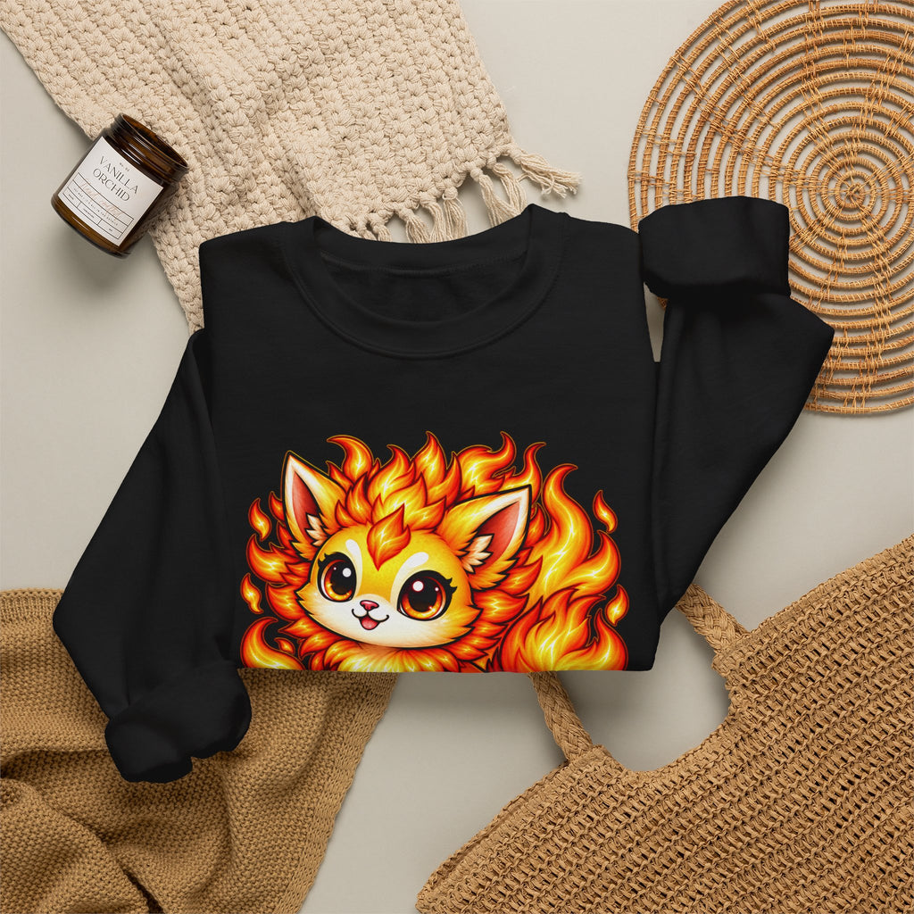 Fire Kitten Crewneck Sweatshirt — '02 Jemberoo' Cute Flaming Cat Graphic