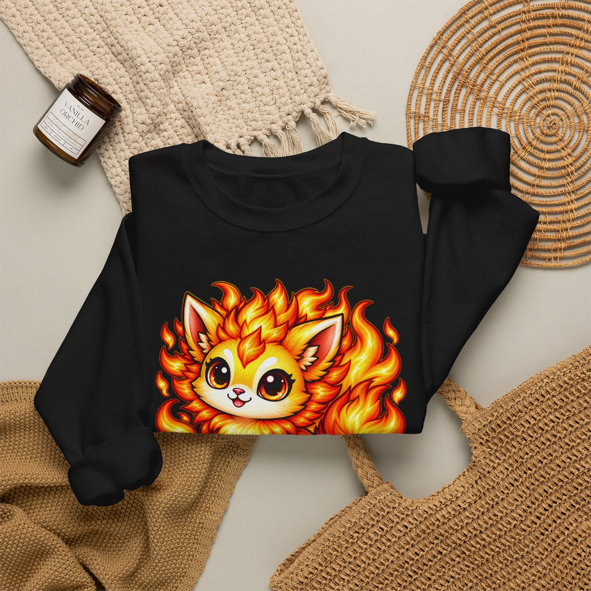 Fire Kitten Crewneck Sweatshirt — '02 Jemberoo' Cute Flaming Cat Graphic