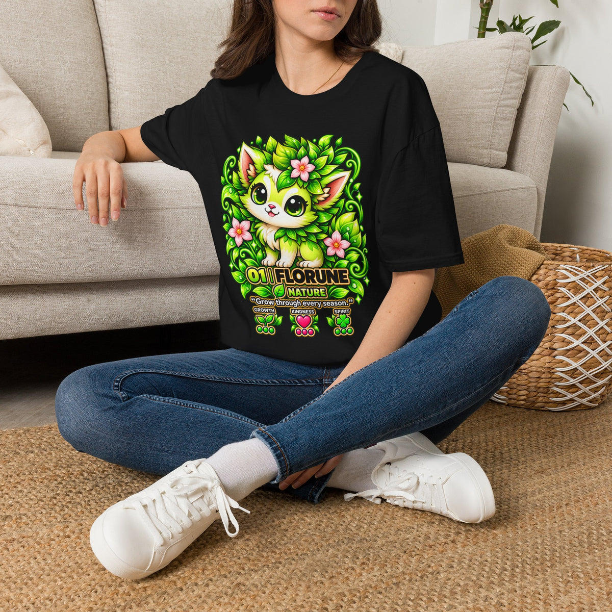 Green Floral Cat T-Shirt — Cute Nature Kitty Graphic Tee