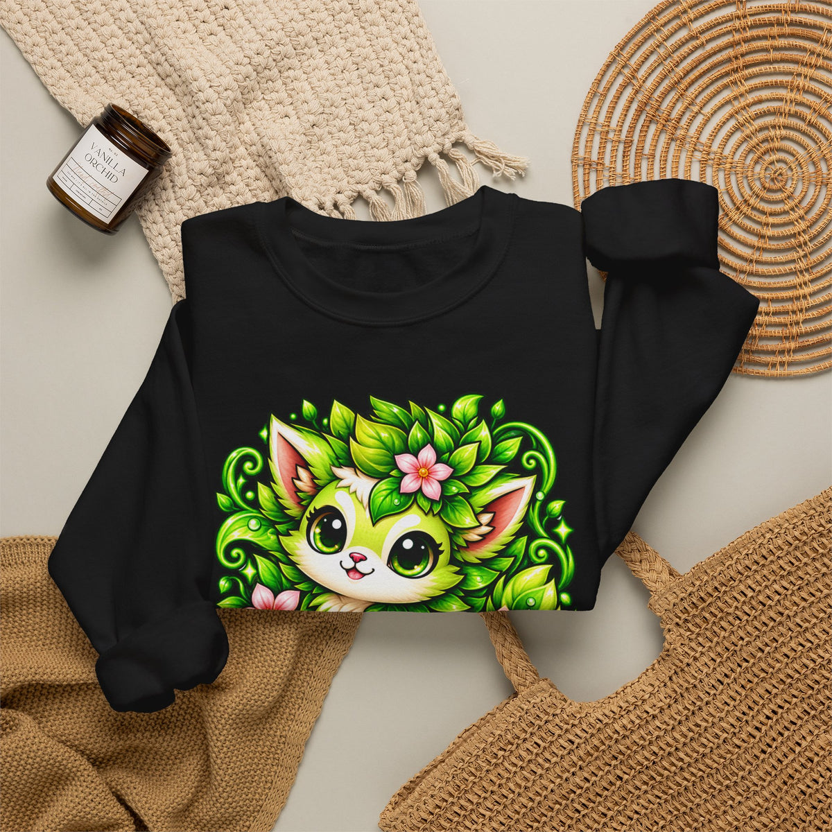 Floral Forest Kitty Sweatshirt — '01 Florune Nature' Cute Green Plant Cat Crewneck