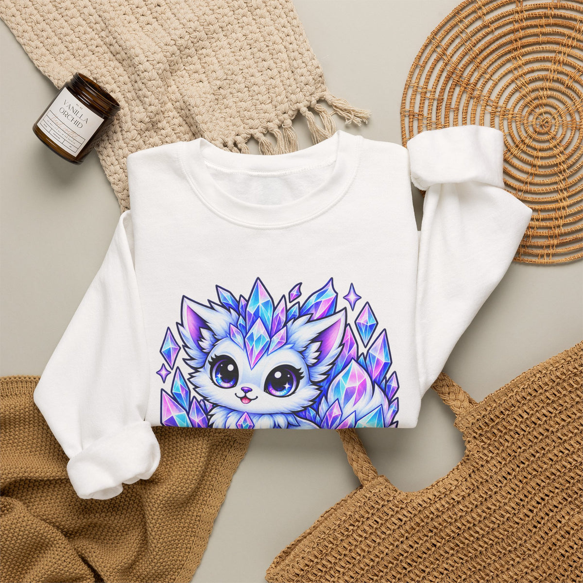 Crystal Fox Crewneck Sweatshirt — Kawaii Crystara Gaming Pet Design
