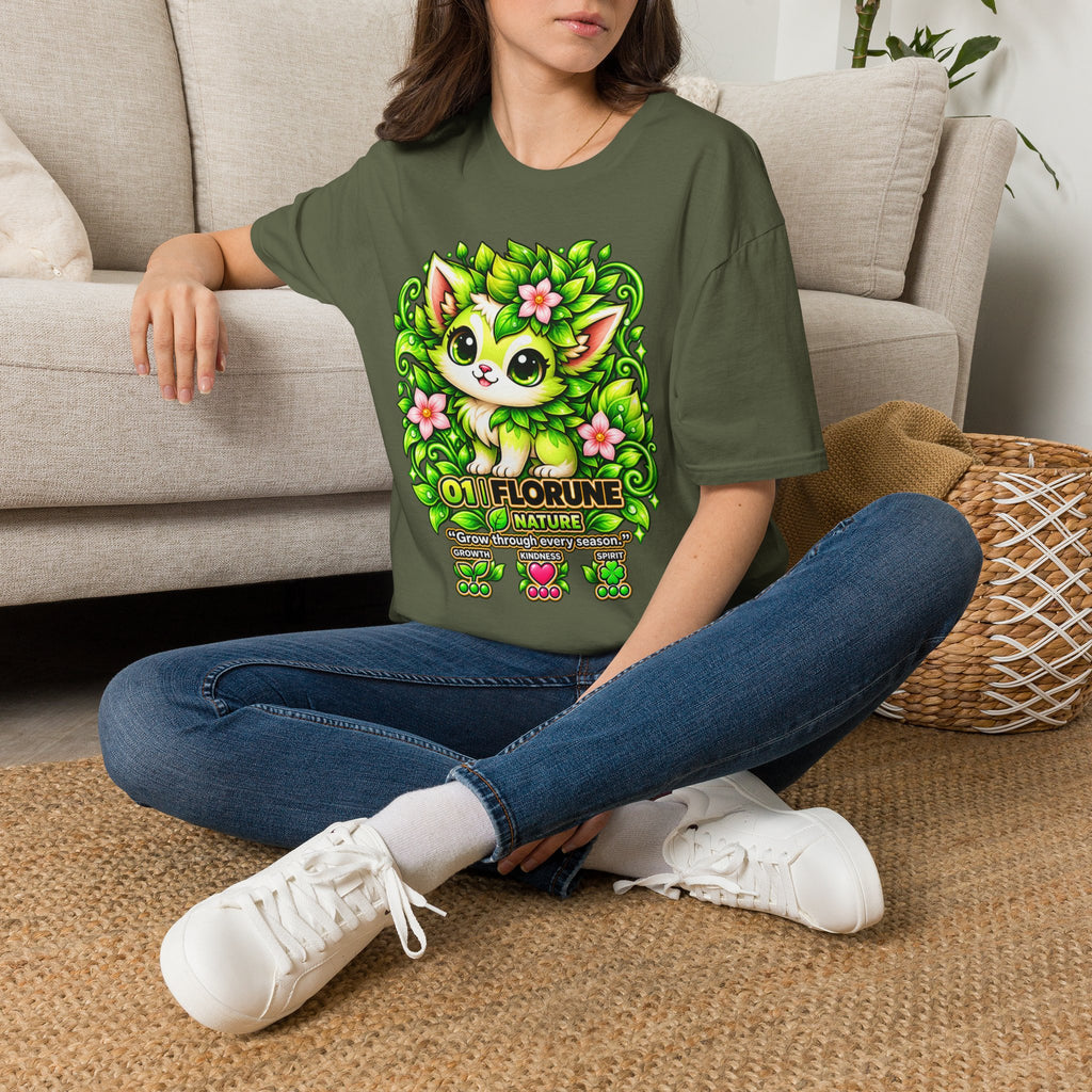 Green Floral Cat T-Shirt — Cute Nature Kitty Graphic Tee