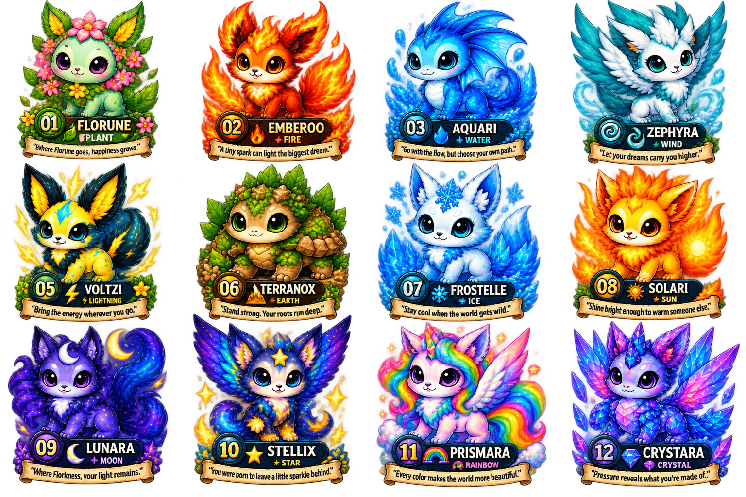 Twelvefold Kawaii Creature Collection featuring all 12 elemental creatures